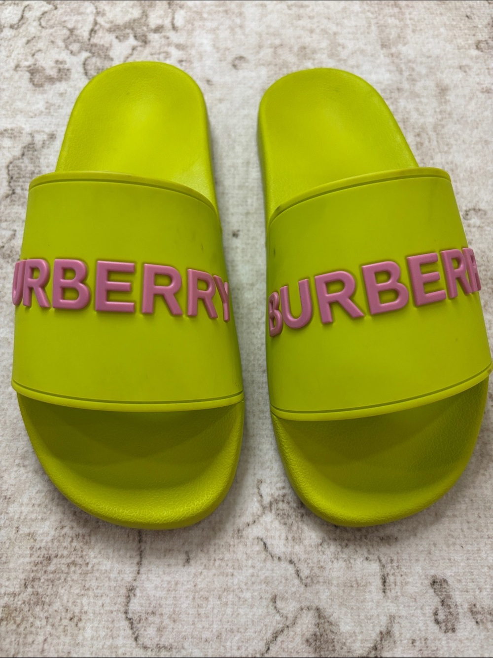 Burberry Neon Lime Furley Slide Sandals with Pink Logo